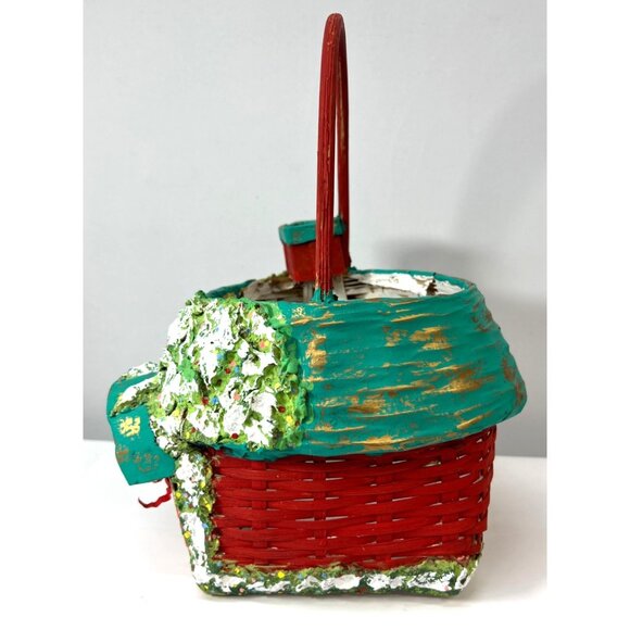 Hand-Painted Holiday Basket Cottage Design Wicker & Wood, Plaster Of Paris - Picture 5 of 8